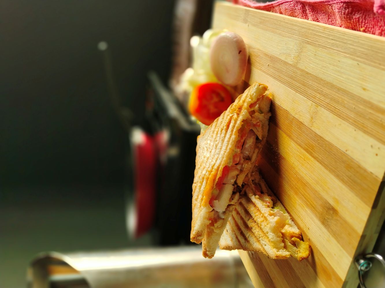 Delicious healthy breakfast sandwich with fresh vegetables and a smoothie